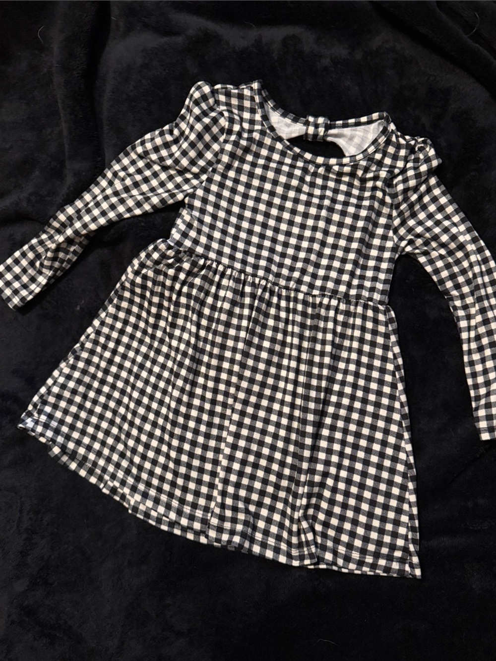 Girls Black & White Gingham Long-Sleeve Casual Dress